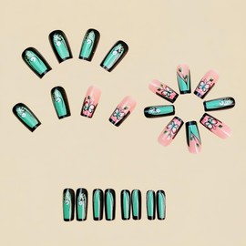 Butterfly Press on Nails Short Square Fake Nails Green Black French Tip False Nails Glossy Full Cover Stick on Nails Butterflies Artificial Nails for Women Glue on Nails 24 PCS