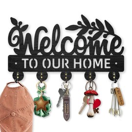 MAYJOYDIY Wooden Welcome Message Sign Key Hook Welcome to Our Home Key Rack for Wall 30×17.3 cm Leaf Plant Black Art Key Holder with 5 Alloy Hooks for Entryway Bedroom Home Decor