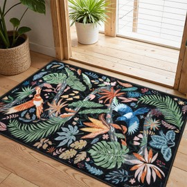 Uphome Botanical Bird Kitchen Rug, 2x3 Washable Rugs for Entryway Non Slip, Indoor Small Tropical Plant Door Mat Low Pile, Soft Vintage Throw Carpet for Entry Bedroom Bathroom, Black