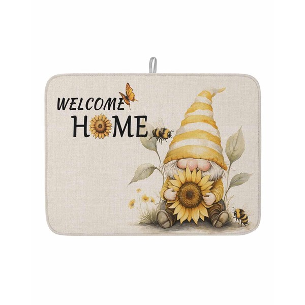 Dish Drying Mat for Kitchen Counter, Funny Gnome Summer Sunflower