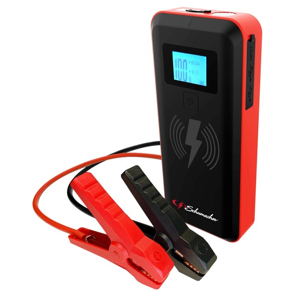 Schumacher SL1643 Lithium Wireless Portable Power Pack and 2000A 12V Jump Starter, for 10.0L gas | 10.0L diesel engines - Jump Start Car, and Truck Batteries – Wireless Charging, Red; Black