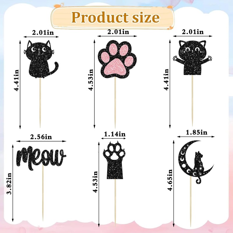 12 Pcs Cat Cupcake Topper, Black Glitter Cat Meow Cupcake
