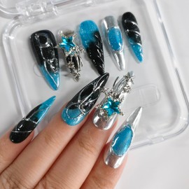 3D Stiletto Press on Nails Long Handmade Nails Y2K Thick Acrylic Fake Nails Black&Blue False Nails with Stars Silver Curve Line Rhinestones Designs Sturdy Nail Art Press on Nails 10Pcs(M)