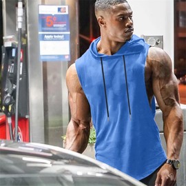 Babioboa Men's Gym Cut Off Hoodie Sleeveless Athletic Breathable Hoodies Dry Fit Jogging Hooded Tank Tops(Light Blue X-Large)