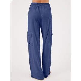 Beautiful Nomad Women's Linen Cargo Pants Casual High Waisted Wide Leg Pant Baggy Trousers with Pockets Blue