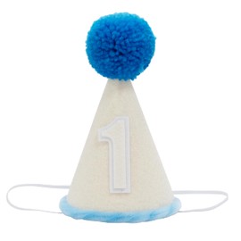 GORNZX Birthday Party Hat with Number 1, Beige with Blue Pom Pom and Trim