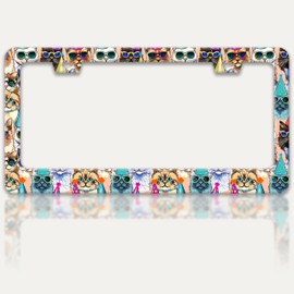 Funny Cat License Plate Frame Pet Cartoon License Plate Holders Stainless Steel Auto Accessory Bracket 2 Hole with Screws Universal Us Car License Plate Frames 6x12 Inch for Women Men