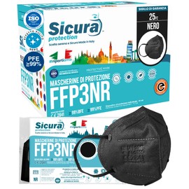 25 x CE certified FFP3 masks, black, made in Italy with printed SICURA logo PFE ≥99%, BFE ≥99%, sanitised and individually sealed