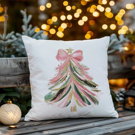 KAIOUS Pink and Gold Christmas Decor Pillow Covers — Colorful Bow Pink Green Gold Christmas Tree Decorative Throw Pillow Covers for Couch Sofa Chair Living Room Bedroom 18x18 Inches
