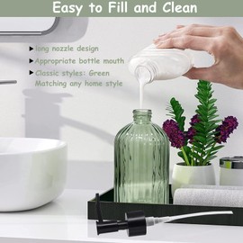YYTSGG Green Glass Soap Dispenser Set with Black Pump, 13.5oz Refillable Liquid Hand Soap Dispenser, Lotion Dish Soap Dispenser for Modern Home Decor, Bathroom, Kitchen Countertop, Hotel(2 Pack)