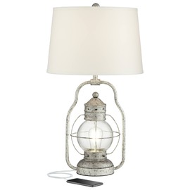 Franklin Iron Works Bodie Rustic Industrial Table Lamp with USB Charging Port Nightlight Antique LED Edison 26" High Distressed Silver Off White Linen Shade for Living Room Bedroom Bedside Office