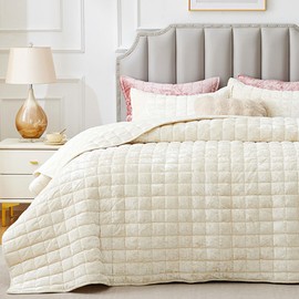 BEDELITE BEDELITE Velvet Quilt Set Queen Size - Lightweight Luxury Quilted Bedding Set,Soft Cozy Cream White Comforter Set,3 Pieces Oversized Bedspread Coverlet for All Seasons with 2 Pillow Shams