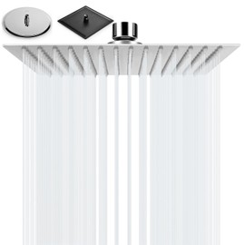 BalladHome 10 Inch Shower Head, Rain Shower, Square Built-in Shower Heads, Adjustable Shower Head Made of 304 Stainless Steel with Anti-Limescale Nozzles, Polished Rain Shower Head (25 x 25 cm,
