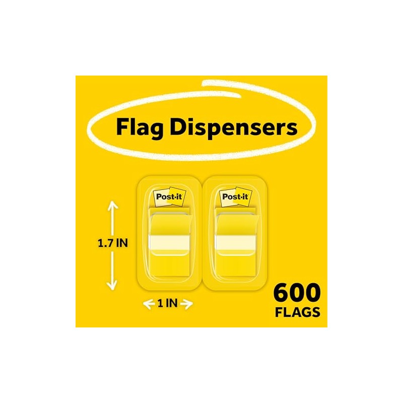 Post-it 680-YW2 Flags Value Pack, Yellow, 1-Inch Wide, 50/Dispenser, 12-Dispensers/Pack