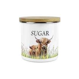 Purely Home Highland Cow & Calf Kitchen Sugar Storage Canister - Countryside Farm Metal Enamel Food Storage Container