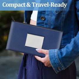 2 Pack Money Bags with Zipper, Bank Pouch with Label, 11 x 6.1 Inch PU Leather Cash Deposit Holder for Coins, Invoice, Bills, Cosmetics, Tools (Navy Blue)