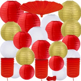 Winlyn 20 Pcs Chinese New Year Decorative Red Gold White Round Paper Lanterns Hanging Party Lanterns Chinese Japanese Oriental Red Lanterns for Asian Chinese Lunar New Year Festival Wedding Decor