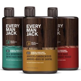 Every Man Jack Paquete variado de champú diario 2 en 1 + acondicionador para hombre, incluye 3 aromas inspirados en el aire libre, ámbar + sándalo, ce