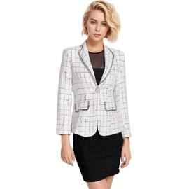 MAAYKOM Women's Office Business Casual Lapel Collar Tweed Suit Jacket with Plaid Buttons and Pockets (US, Alpha, Small, Regular, Regular, White)