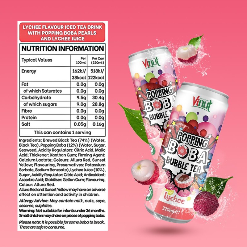Vinut Popping Boba Bubble Tea Lychee Flavour, (10.82 fl oz,
