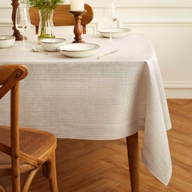 Solino Home Linen Stripe Tablecloth - Natural and White, 100% Pure Linen Tablecloth 60 x 120 Inch for Spring, Mothers Day, Easter Decorations - Handcrafted and Machine Washable - Narrow Stripe
