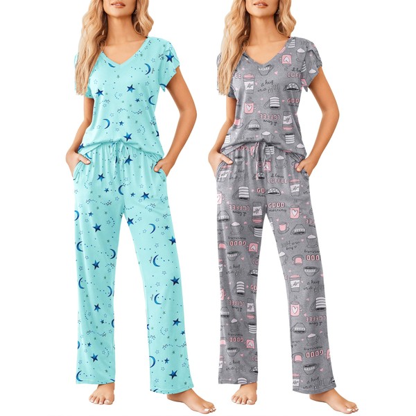 Ekouaer 2 Pack Womens Pajamas Short Sleeve Sleepwear Top with
