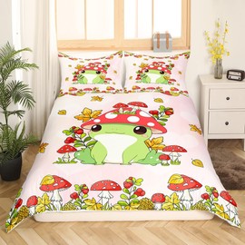 Cartoon Frog Kids Duvet Cover Set Twin Size,Mushroom Plants Botanical Rustic Bedding Set,Girls Boys Women Room Decor,Cute Animals Kawaii Comforter Cover,Watercolor Bright Quilt Cover,1 Pillowcase