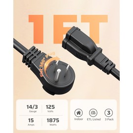 DEWENWILS 360° Rotating Flat Plug Extension Cord 1 Foot, 14/3 Gauge 3 Prong Grounded Wire, 15A/1875W Heavy Duty Power Cord, Space-Saving Size for Indoor Narrow Space, ETL Certified, 3-Pack (Black)