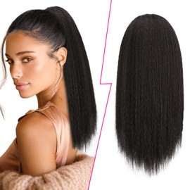 PEACOCO Drawstring Ponytail for Black Women Long Yaki Straight Ponytail Hair Extension 16 Inch Thick Pony Tail Clip in Synthetic Ponytail Hairpiece 2# Black Brown