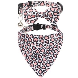 Gyapet Pink Cat Collar 2pcs Set with Bow Tie Bandana Bell Detachable Love Heart Cute Safety for Kitten Cats Tiny Pet [Bow+Bandana] Pink Hearts