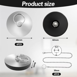 FIHODONE Set of 4 Stainless Steel Drain Plugs, 46 mm - 42 mm, Sink Plug with Hooks and Chains, Bath Plug, Sink Plug for Bath, Bathtub, Kitchen