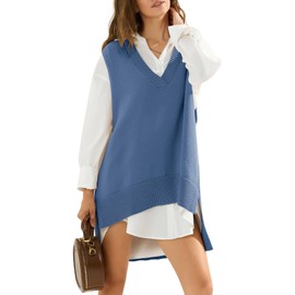 EXLURA Womens Oversized Sweater Vest Knit V Neck Tunic Casual Sleeveless Long Pullover Tank Tops Fall Winter Trendy 2025 Blue