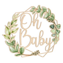 Party to Be Oh Baby Wooden Sign Baby Shower Party Backdrop Decorations with Printed Vivid Green Leaves