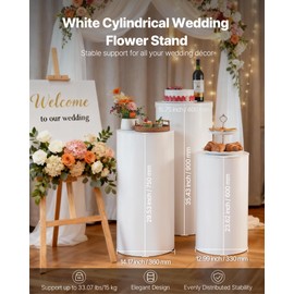 VEVOR Wedding Flower Stand, 3PCS 23.62/29.53/35.43 inch Round Cylinder Plinth, White Pedestal Stand with PVC Lid, Cylindrical Pedestal Stands for Wedding, Party, Birthday, Art Decor, 33.07 lbs Load