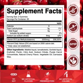 Vitamatic Extra Strength Vitamin B12 5000 mcg (Methyl B12) Gummies - 120 Count - Energy Metabolism Support and Nervous System Health Support, Natural Cherry Flavored (1)