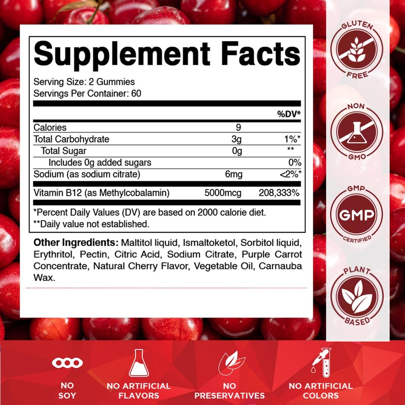Vitamatic Extra Strength Vitamin B12 5000 mcg (Methyl B12) Gummies