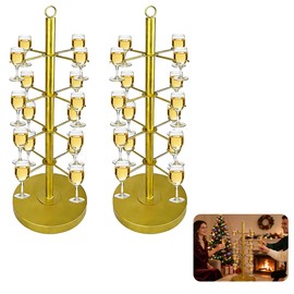 Leemeexaa Gold Champagne Tower Set of 2 Metal Cocktail Tree Stand with 16 Holders, 4 Tier Drink Display for Weddings, Bridal Showers, Parties Events