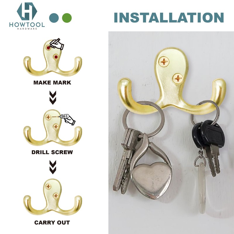 HOWTOOL Double Prong Towel Hook 5 Pack Champagne Brass with