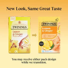 Twinings Lemon and Ginger Flavoured Tea - 80 Biodegradable Bags (Multipack of 4 x 20), Caffeine-Free Herbal Tea with Zesty Lemon & Spicy Ginger Flavor, Refreshing & Soothing Beverage