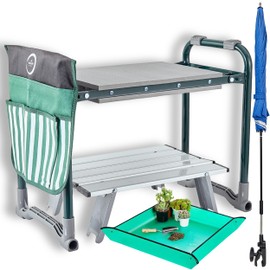 SteveZen - Garden Kneeler Seat Bench, Garden Kneeling Bench with Sunshade Umbrella, Ergonomic Handles, Folding Table, and Potting Mat, 10.2" Foam Knee Seat, Loading Capacity 330 Lbs