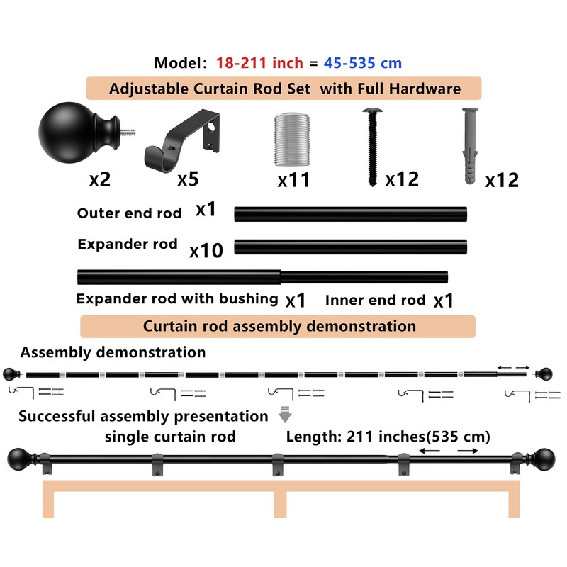 Curtain Rods 211 Inch for Window 200 Inch, Adjustable Length
