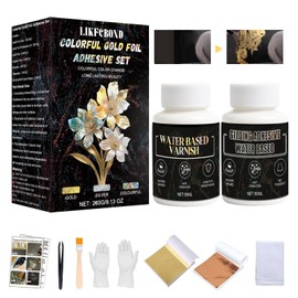 Gilding Adhesive Set, Variegated Gold Leaf Kit for Crafts, Colorful Gilding Leaf Sheets, 10 Pcs Gold Foil and Copper Foil, 50ml Water-Based Gilding Glue and 50ml Varnish, Brushs, Tweezers, Gloves