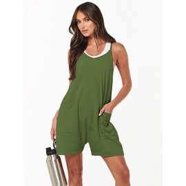 Caracilia Women's Summer Casual Rompers Sleeveless Loose Spaghetti Strap Short Jumpsuits Overalls Trendy Outfits With Pockets Grass XX-Large