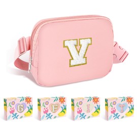 COSHAYSOO Pink Small Waist Fanny Pack Belt Bag with Initial Monogram Letter Crossbody Adjustable Strap for Women Girls Traveling, Mini Cross Body Travel Purse Preppy Pouch Easter Gift (V)