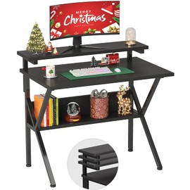 COTUBLR Small Desk, 27.5 Inch Small Computer Desk for Small Spaces, Computer Desk with Adjustable Monitor Stand, Compact Desk with Storage, Tiny Desk Study Desk for Bedroom Home Office, Black
