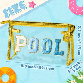 Y1tvei Clear POOL Makeup Bag - Preppy Blue POOL Chenille Varsity Letter Sunscreen Cosmetic Pouch PVC Transparent Zipper Waterproof Beach Pool Summer Travel Toiletry Organizer for Swimmer Women(Gold)