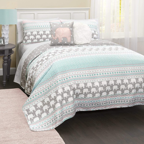 Lush Decor Pink-and-Turquoise Elephant Striped 5-Piece Quilt Bed Set, Full/Queen, Pink & Turquoise