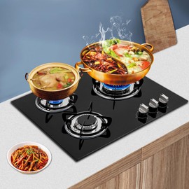 3-Burner Gas Hob Stove, Natural Gas Cooktop, Tempered Glass Panel & Auto Flameout Protection, for Indoor/Outdoor Kitchen Black, Embedded/Tabletop Installation