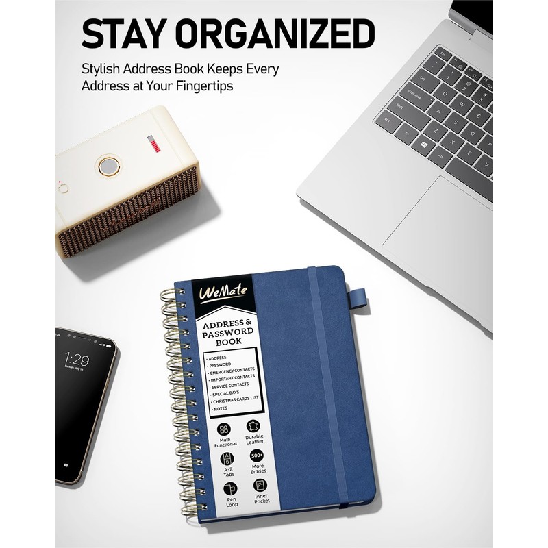 WEMATE Spiral Address Book with Alphabetical Tabs, Leather Password Book,