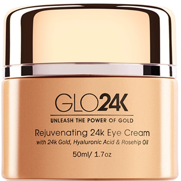 GLO24K Eye Cream with 24k Gold, Hyaluronic Acid, Rosehip Oil, and Vitamins. Minimizes wrinkles and fine-lines around the eyes.